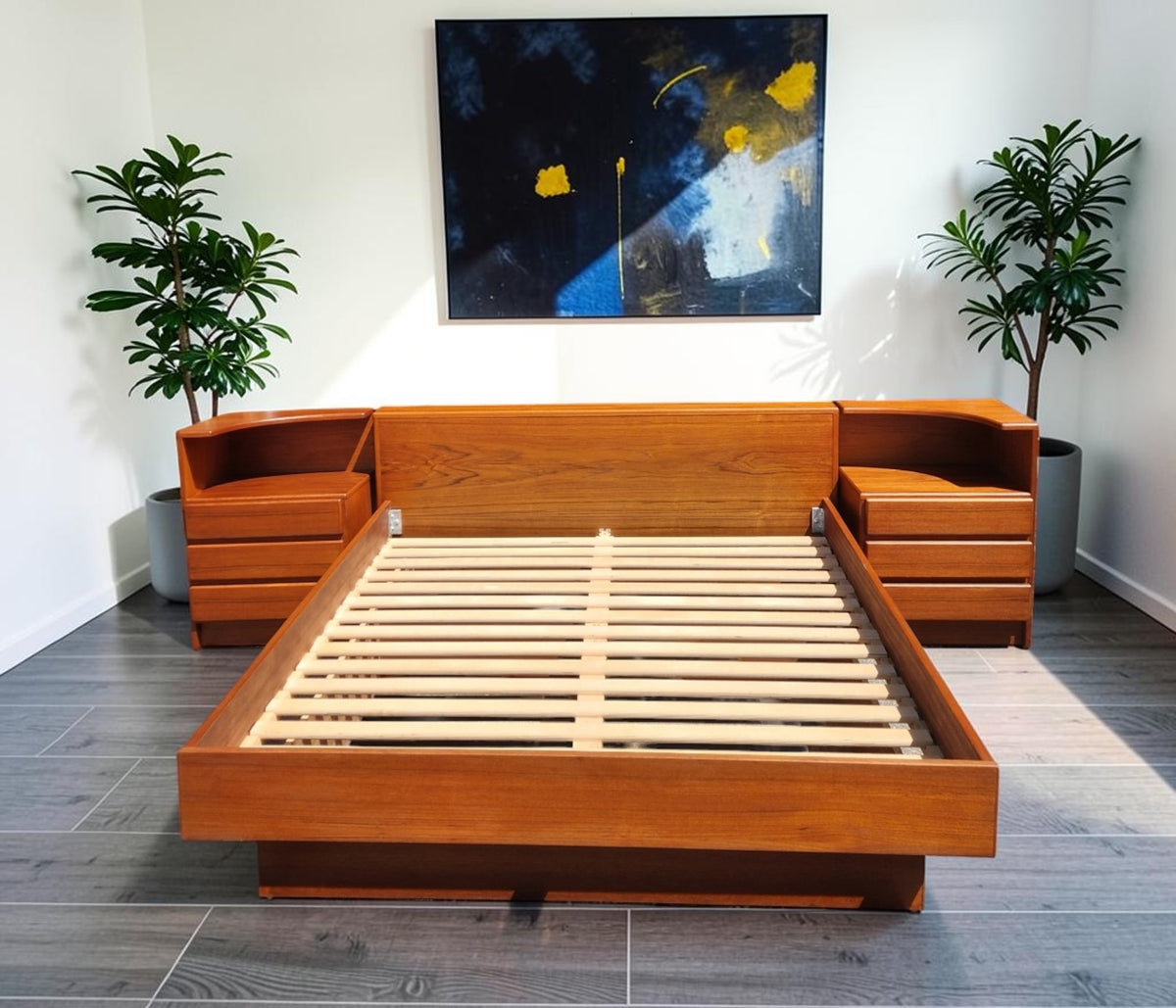 REFINISHED Mid Century Modern Teak Queen Bed w Nightstands