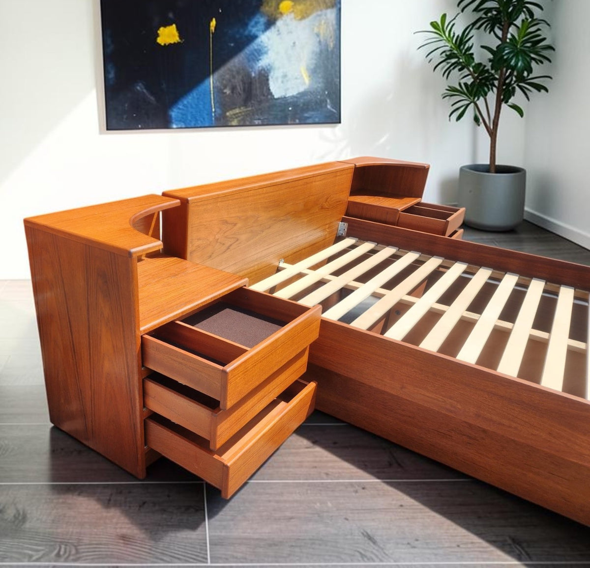 REFINISHED Mid Century Modern Teak Queen Bed w Nightstands