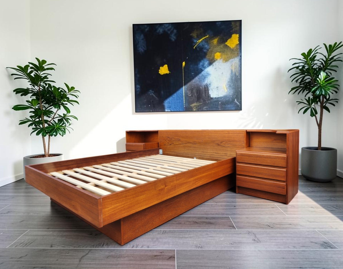 REFINISHED Mid Century Modern Teak Queen Bed w Nightstands