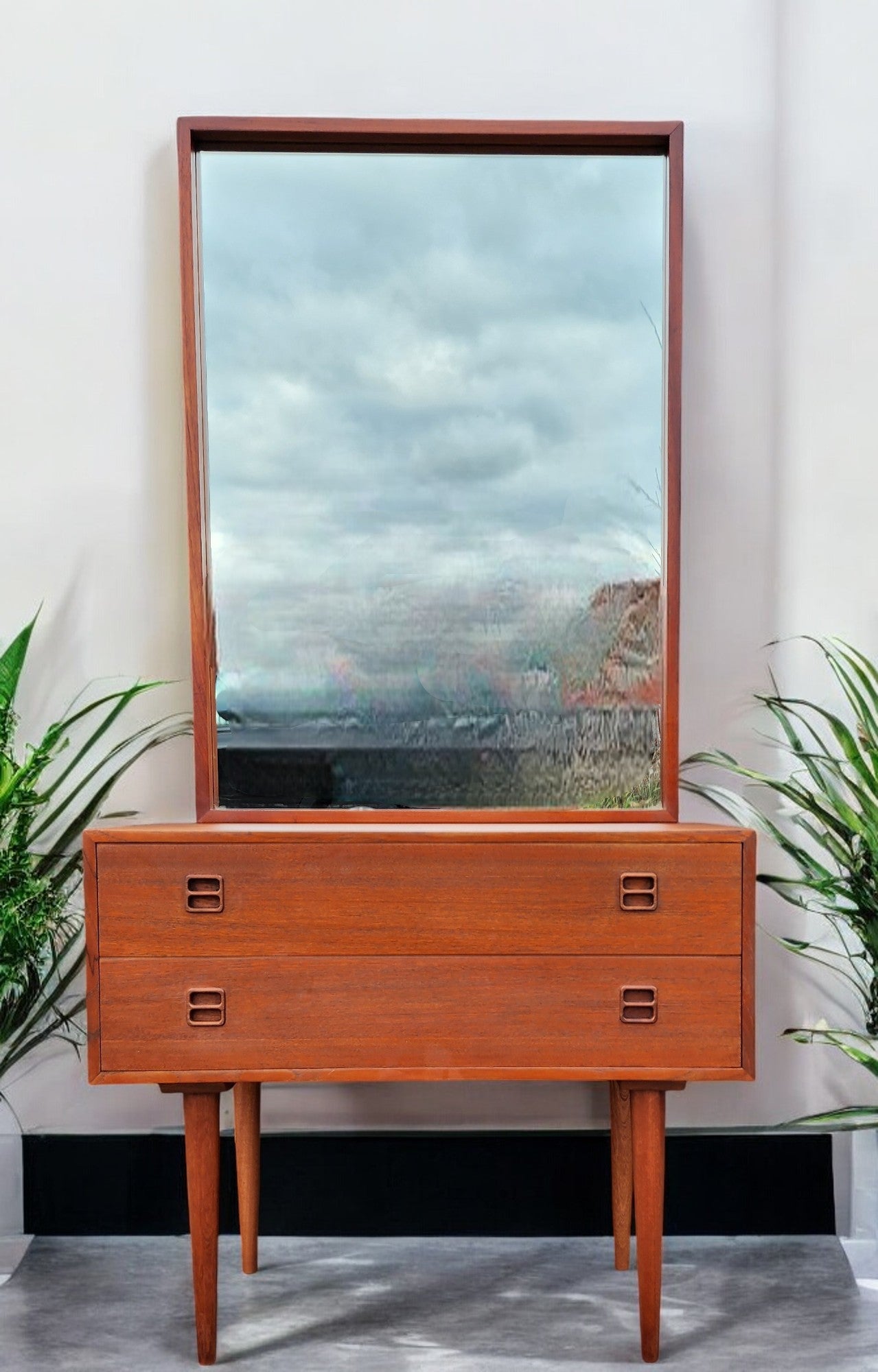 REFINISHED Danish Mid Century Modern Teak Cabinet a 2 Drawers & Mirror