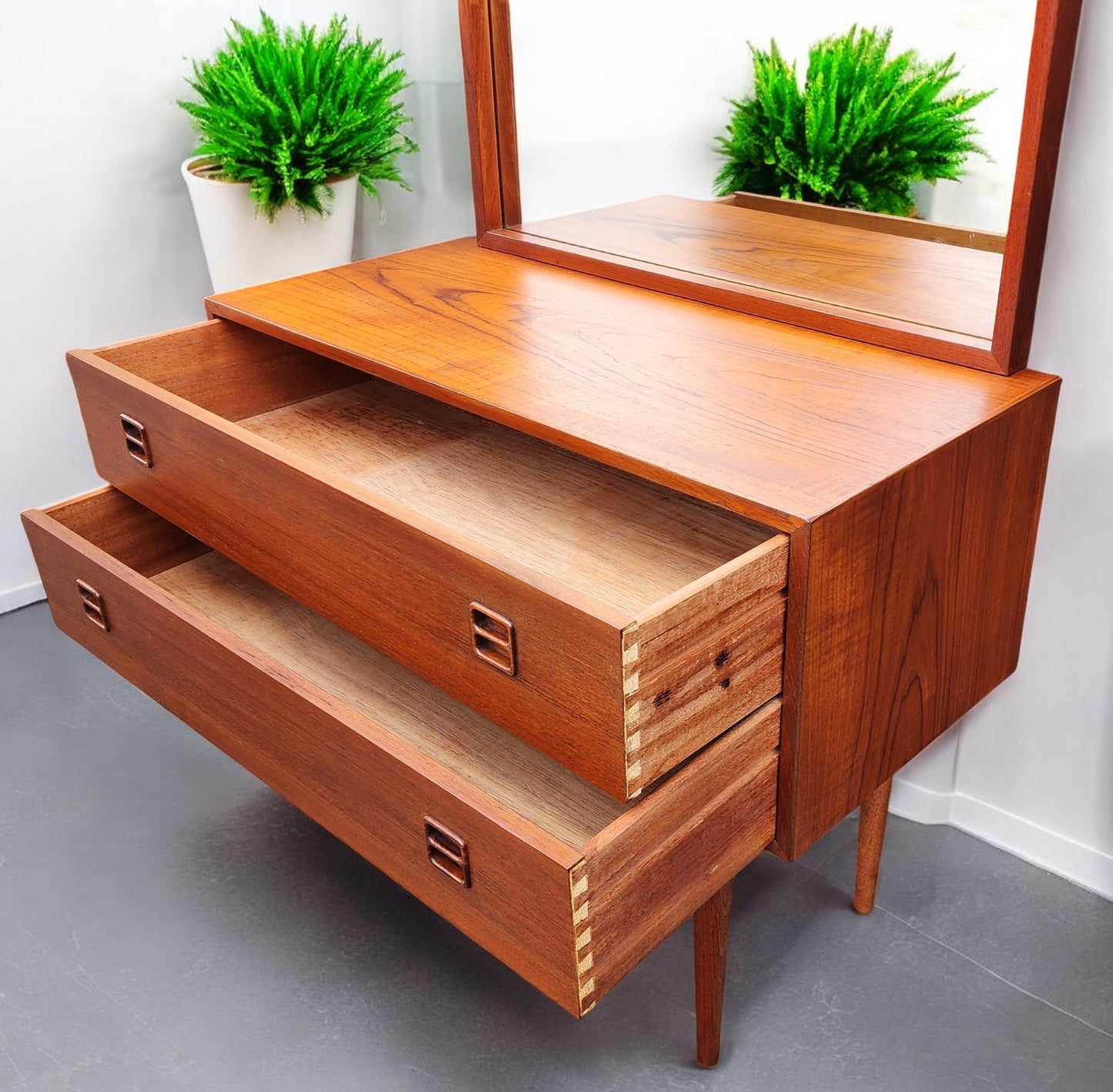 REFINISHED Danish Mid Century Modern Teak Cabinet a 2 Drawers & Mirror