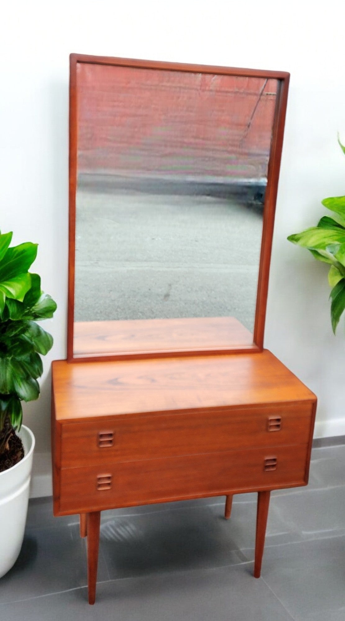 REFINISHED Danish Mid Century Modern Teak Cabinet a 2 Drawers & Mirror