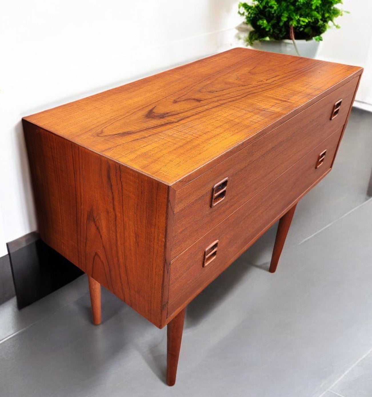 REFINISHED Danish Mid Century Modern Teak Cabinet a 2 Drawers & Mirror