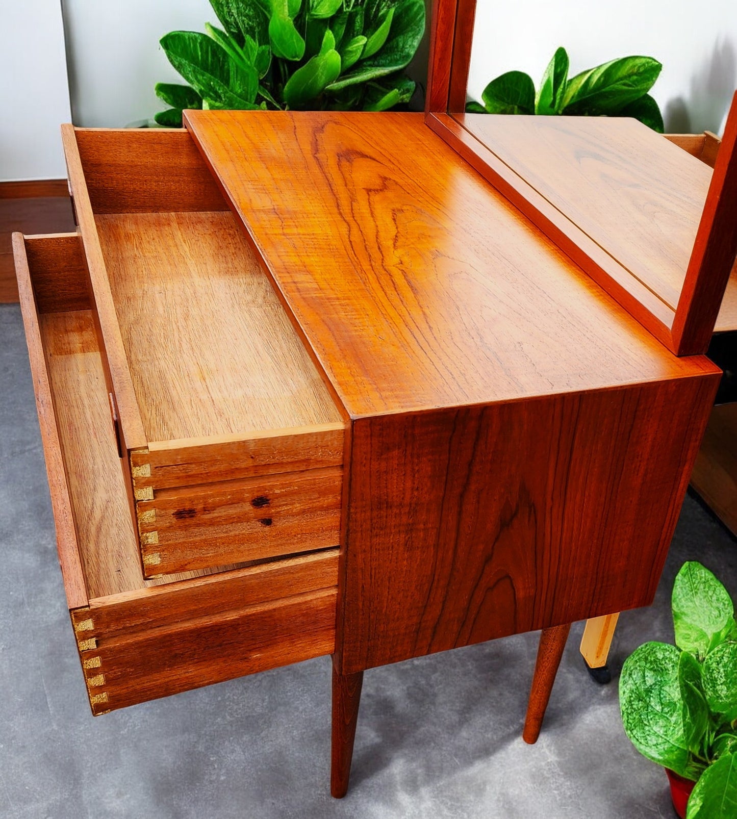 REFINISHED Danish Mid Century Modern Teak Cabinet a 2 Drawers & Mirror