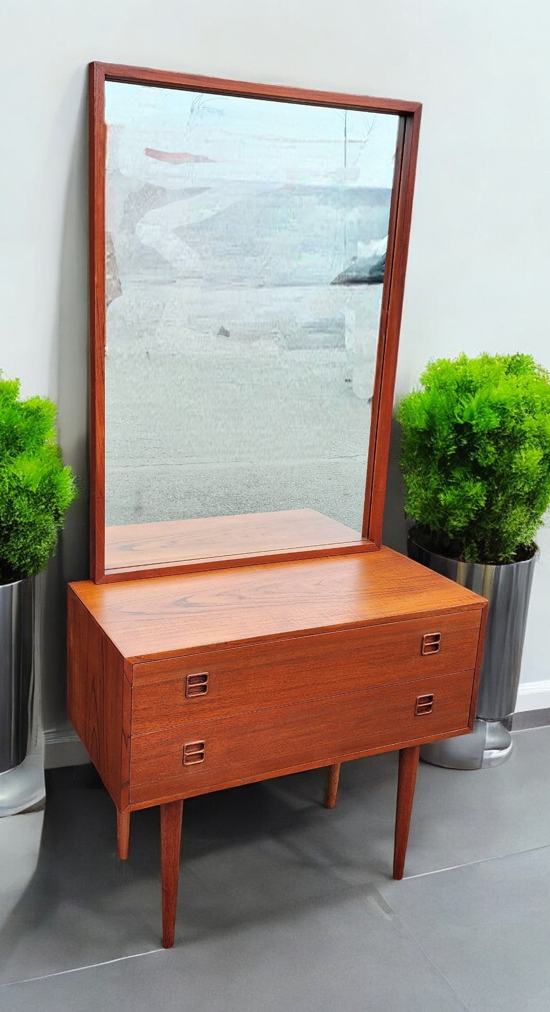 REFINISHED Danish Mid Century Modern Teak Cabinet a 2 Drawers & Mirror