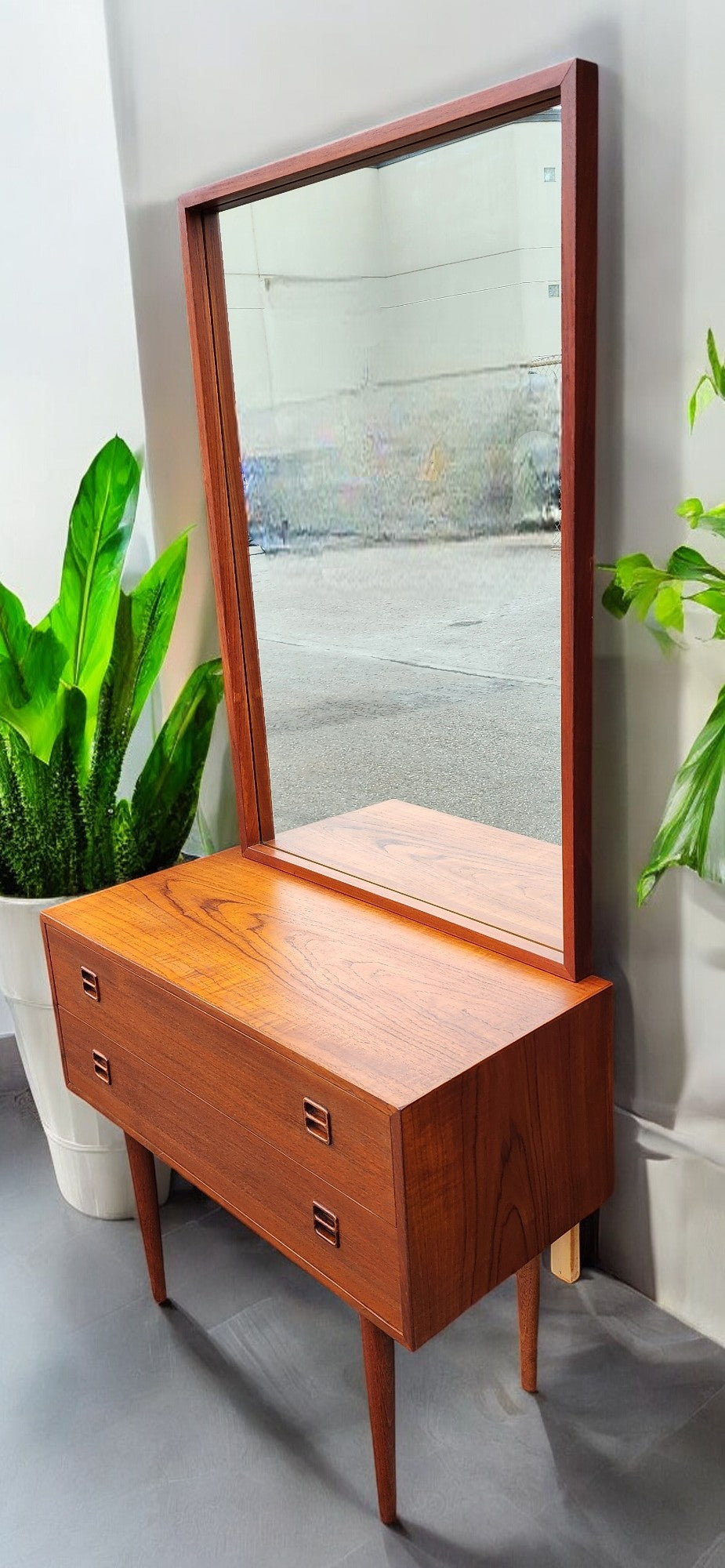 REFINISHED Danish Mid Century Modern Teak Cabinet a 2 Drawers & Mirror