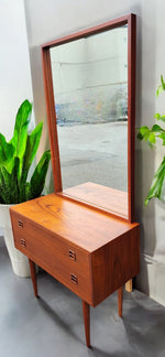 REFINISHED Danish Mid Century Modern Teak Cabinet a 2 Drawers & Mirror 5
