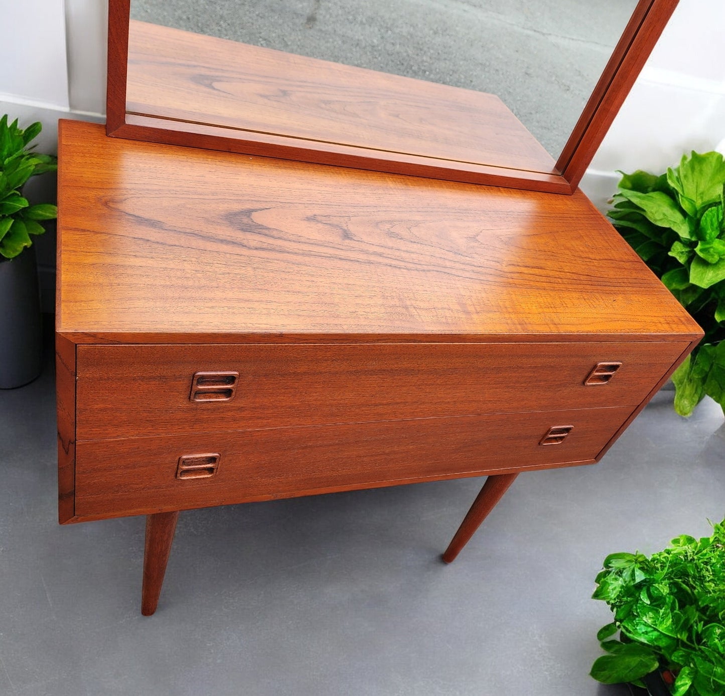 REFINISHED Danish Mid Century Modern Teak Cabinet a 2 Drawers & Mirror