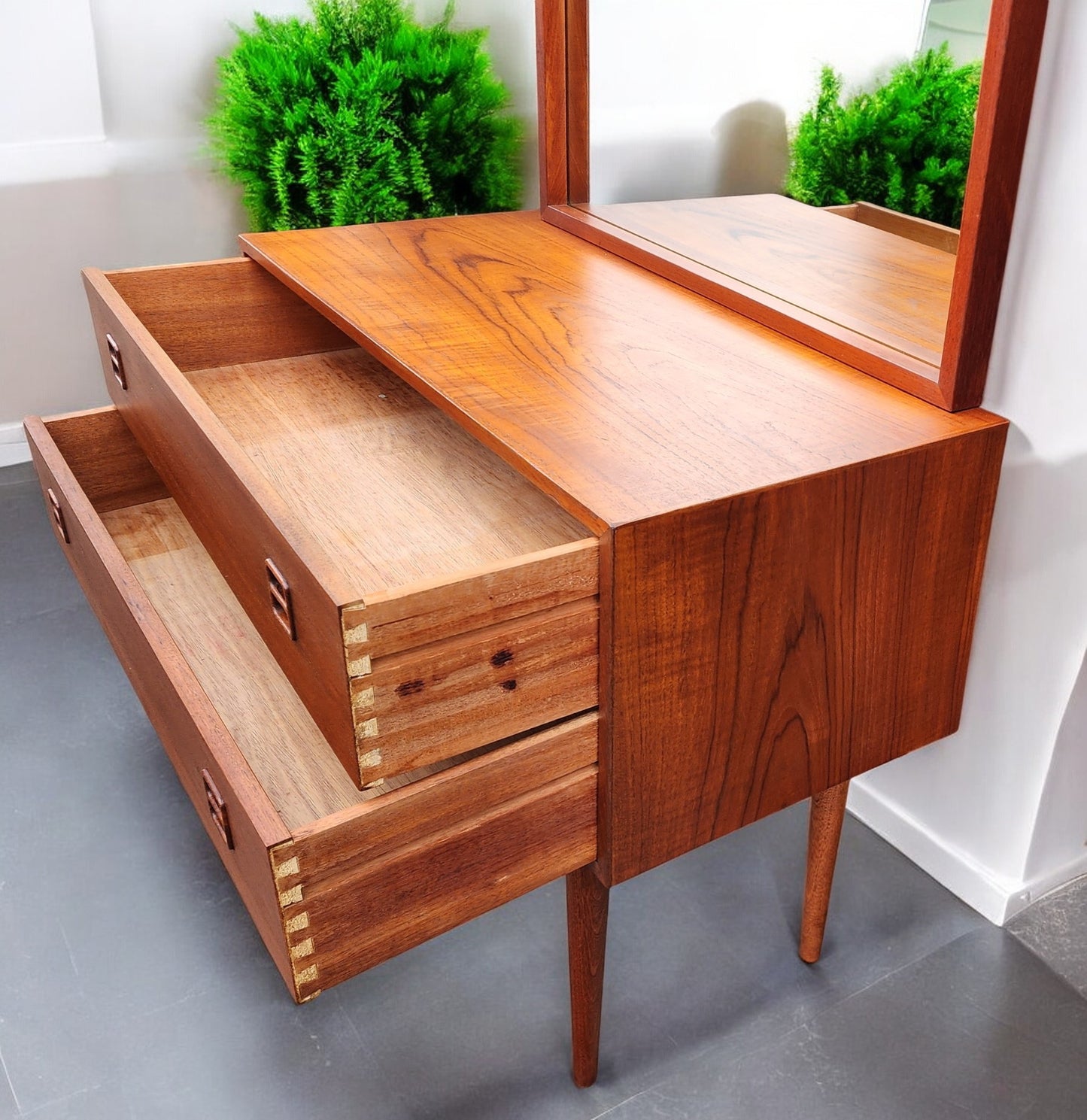 REFINISHED Danish Mid Century Modern Teak Cabinet a 2 Drawers & Mirror