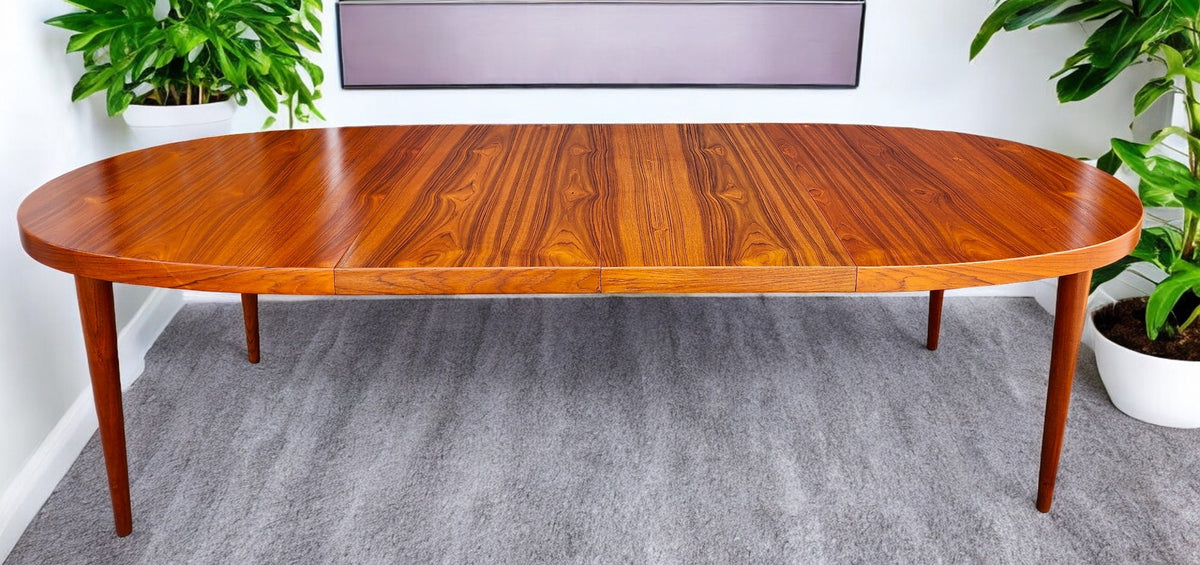REFINISHED Danish Mid Century Modern Teak Table Oval w 2 leaves 66