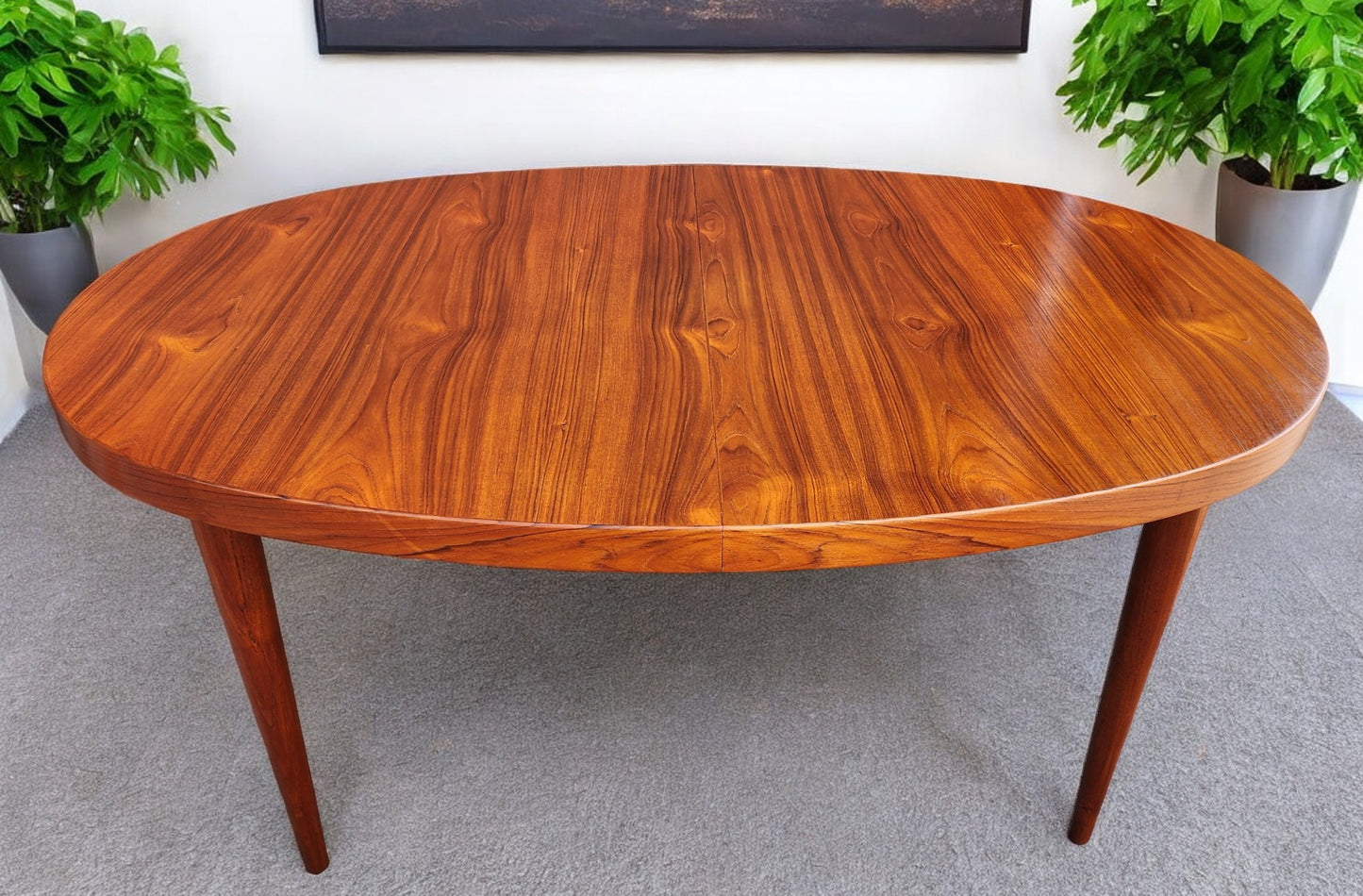 REFINISHED Danish Mid Century Modern Teak Table Oval w 2 leaves 66"-107"