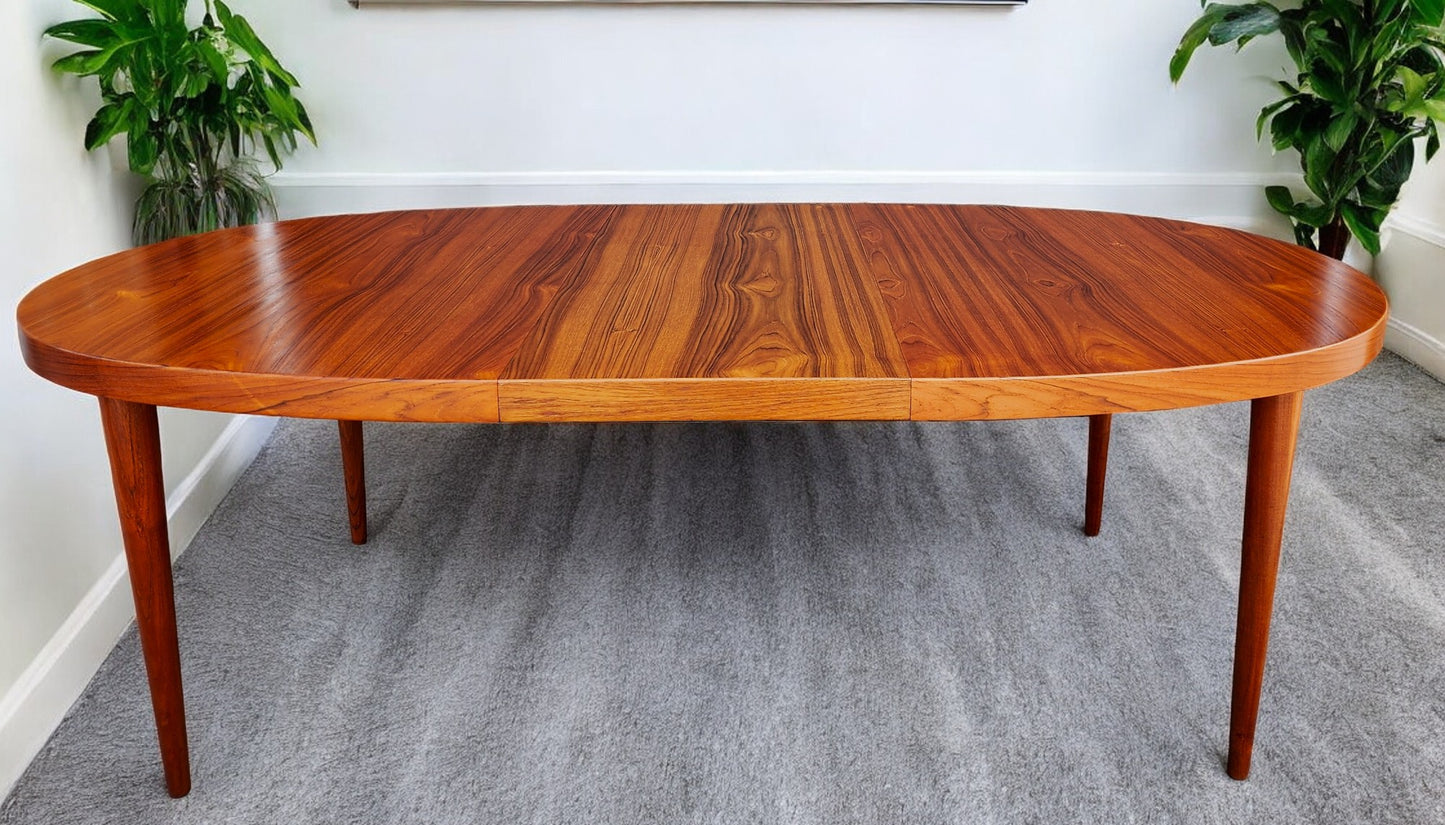 REFINISHED Danish Mid Century Modern Teak Table Oval w 2 leaves 66"-107"