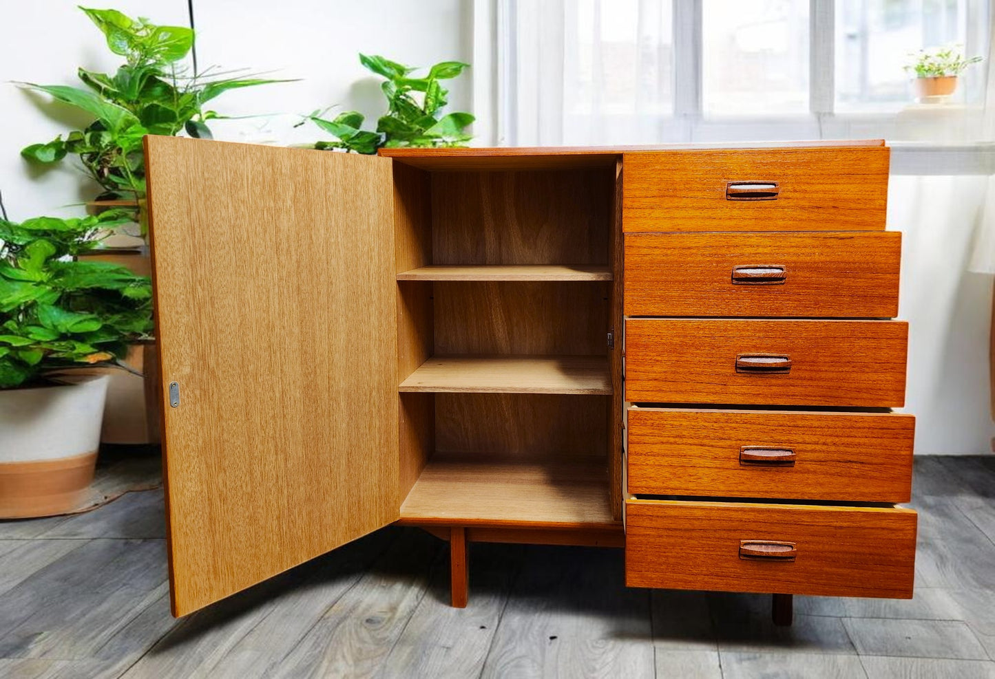 REFINISHED MCM Teak Bed King w Floating Nightstands & Tallboy