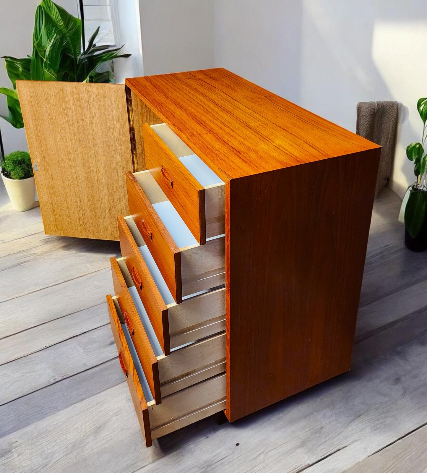 REFINISHED MCM Teak Bed King w Floating Nightstands & Tallboy