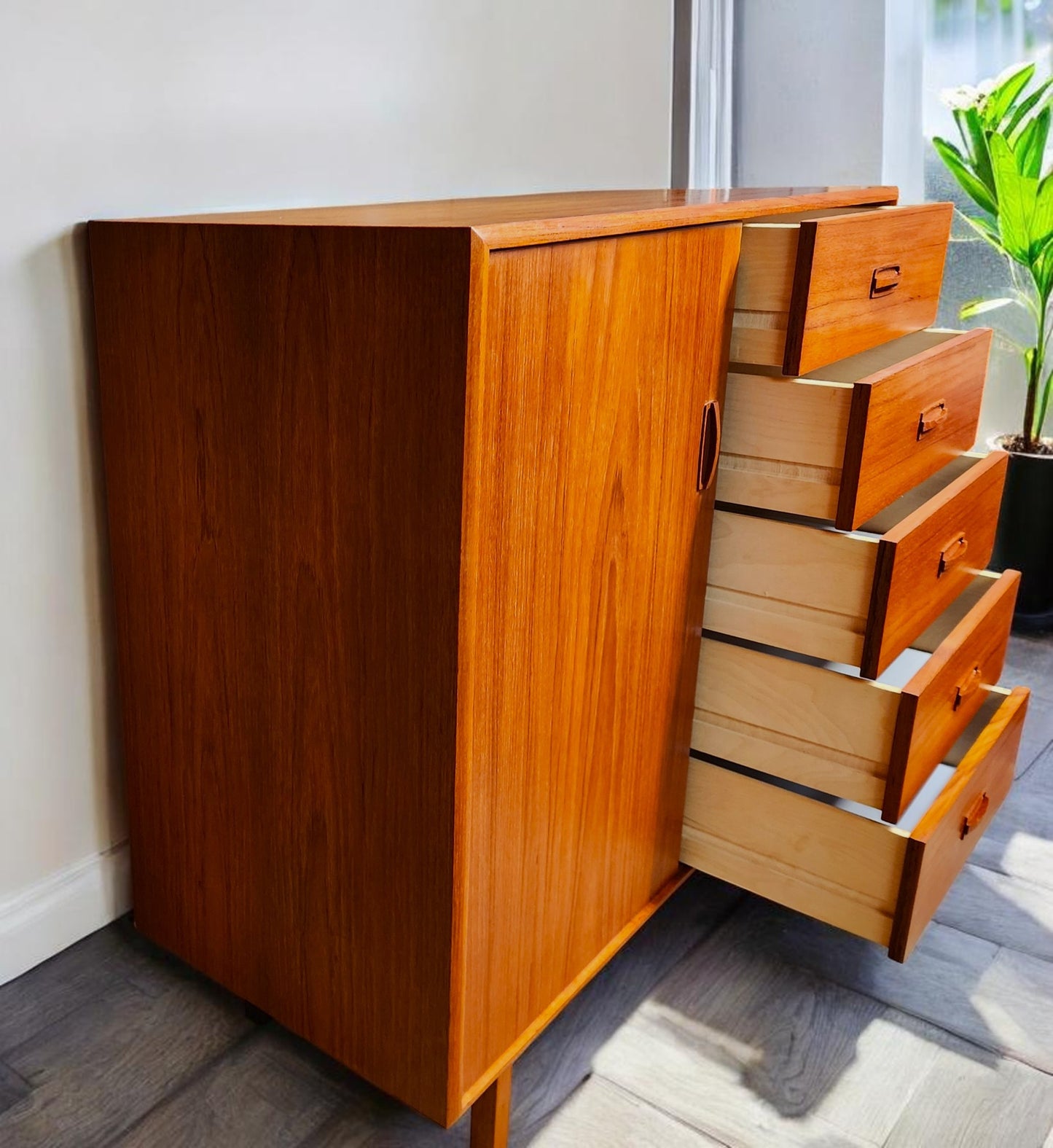REFINISHED MCM Teak Bed King w Floating Nightstands & Tallboy
