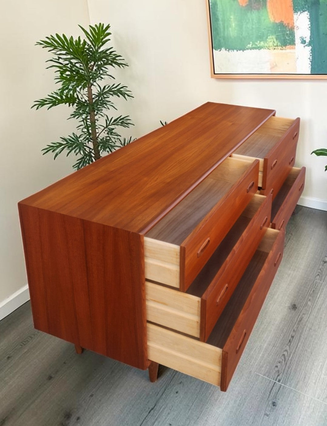 REFINISHED Mid Century Modern Teak Dresser w 6 Drawers