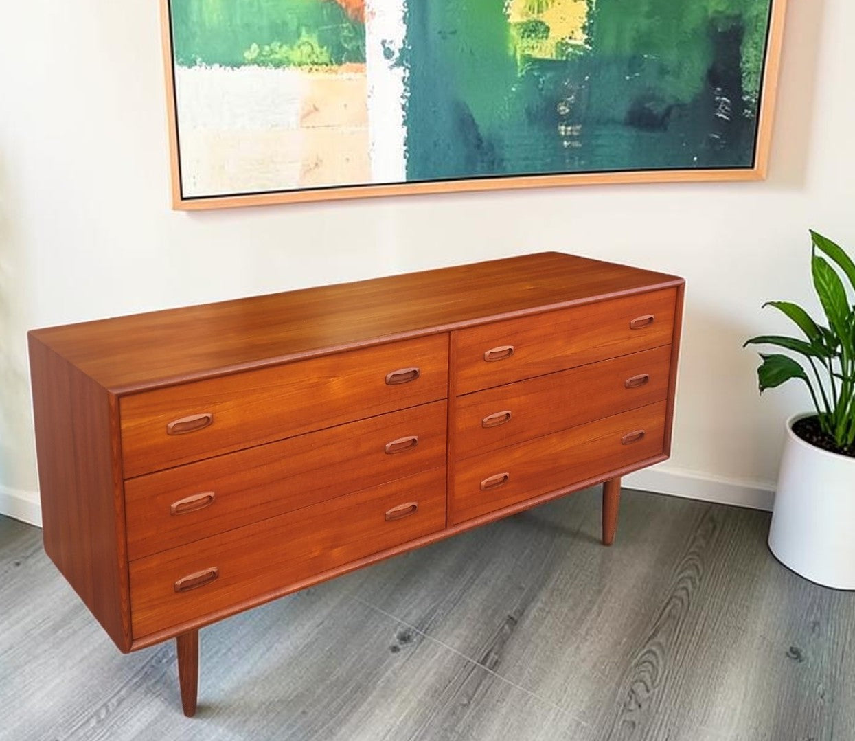 REFINISHED Mid Century Modern Teak Dresser w 6 Drawers