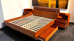 REFINISHED Mid Century Modern Teak King Bed w 2 Night Stands & Storage Drawers 1