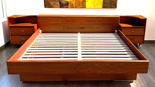 On Hold***REFINISHED Mid Century Modern Teak King Bed w 2 Night Stands & Storage Drawers