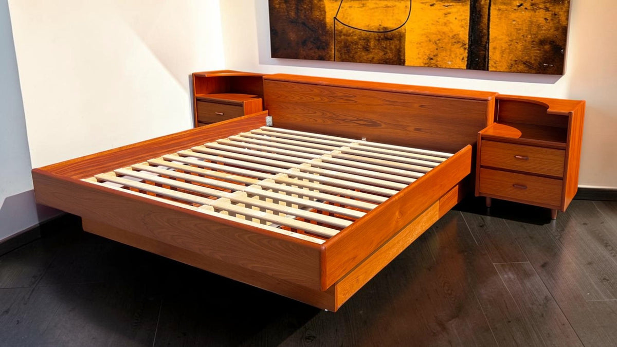 REFINISHED Mid Century Modern Teak King Bed w 2 Night Stands & Storage Drawers