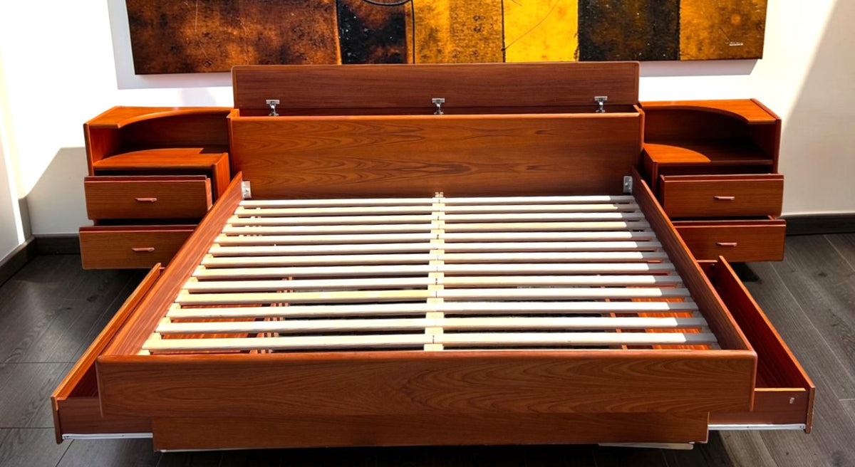 REFINISHED Mid Century Modern Teak King Bed w 2 Night Stands & Storage Drawers