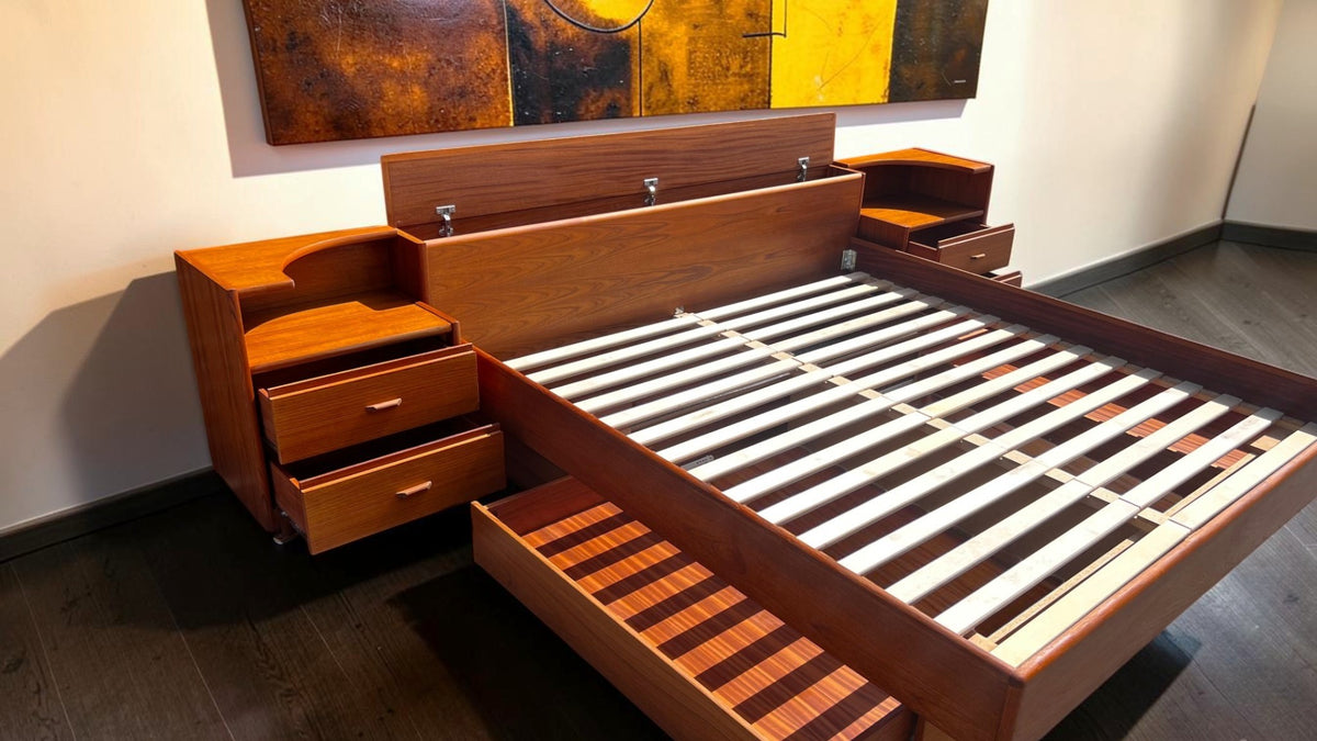 REFINISHED Mid Century Modern Teak King Bed w 2 Night Stands & Storage Drawers