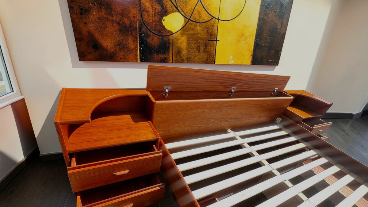 REFINISHED Mid Century Modern Teak King Bed w 2 Night Stands & Storage Drawers