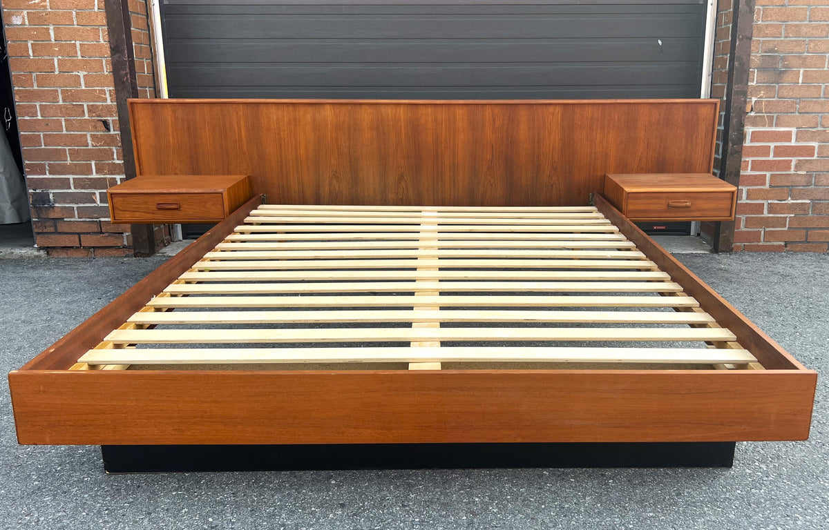 REFINISHED Mid Century Modern Teak Queen Bed w Nightstands & Headboard