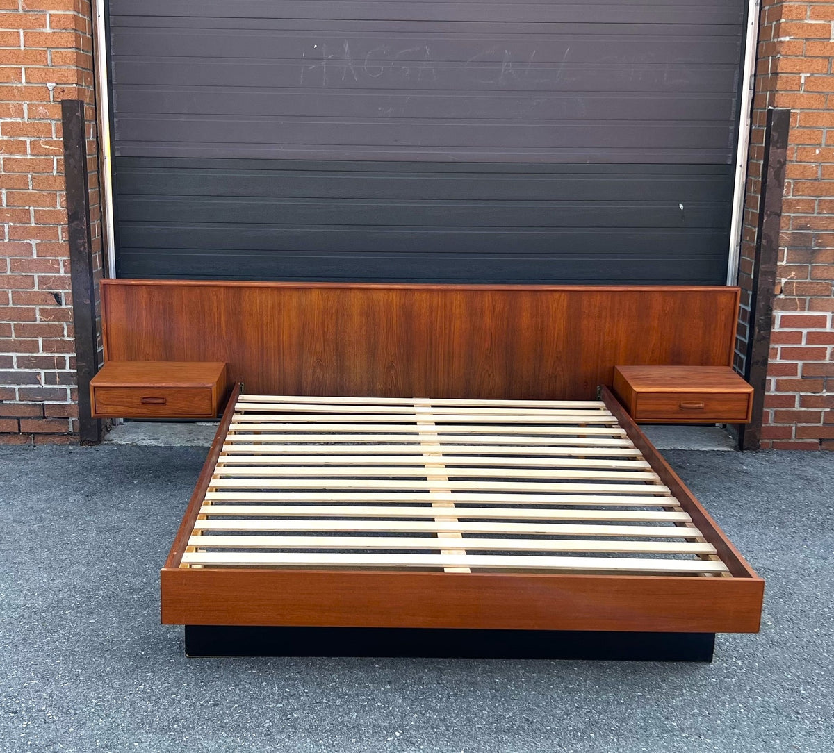 REFINISHED Mid Century Modern Teak Queen Bed w Nightstands & Headboard