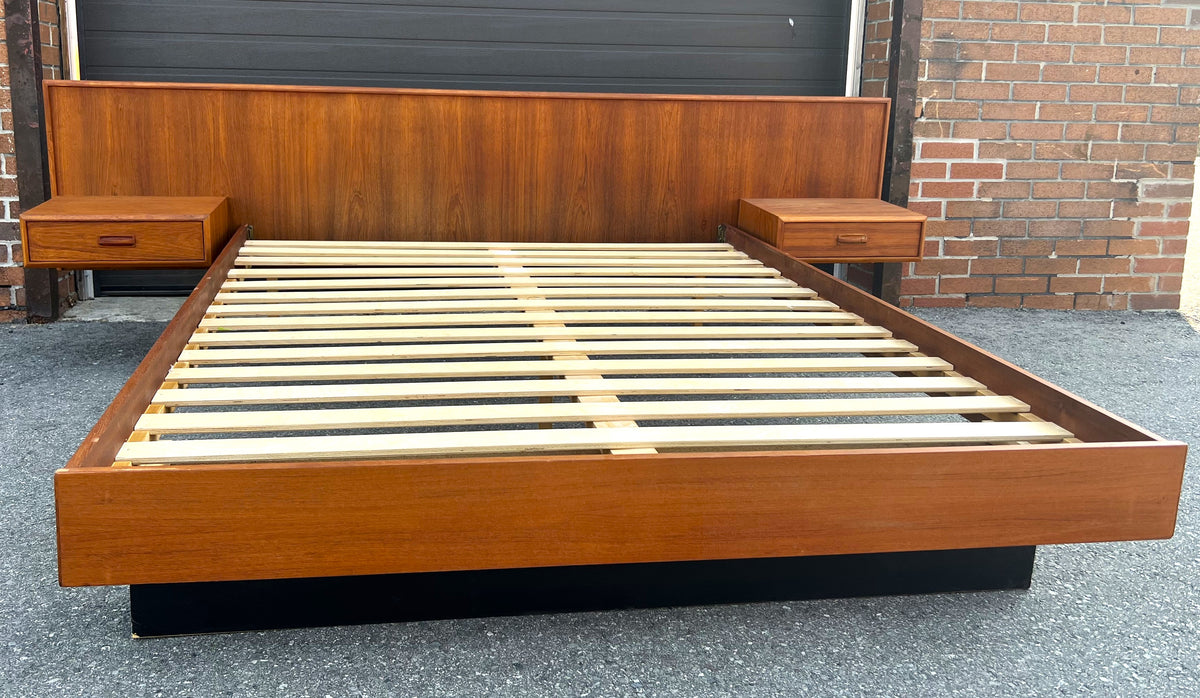 REFINISHED Mid Century Modern Teak Queen Bed w Nightstands & Headboard