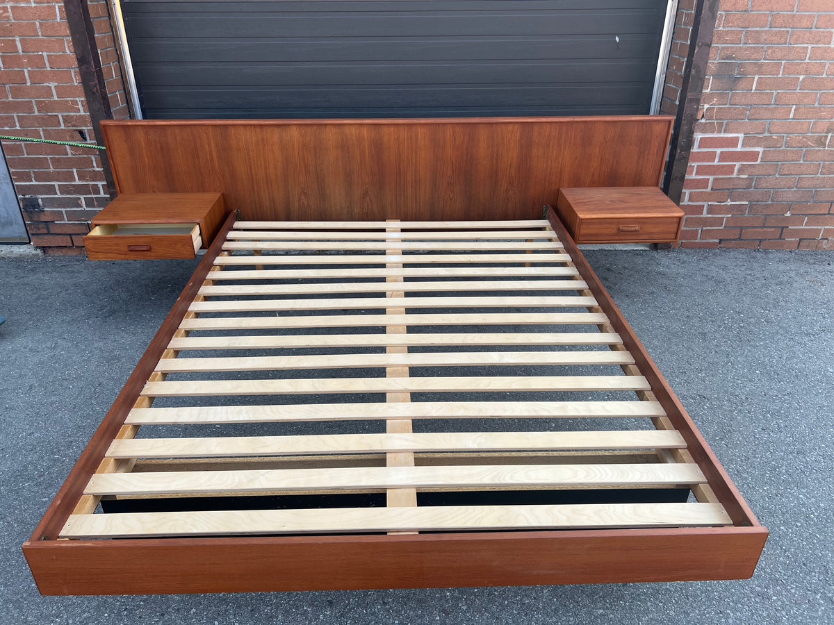 REFINISHED Mid Century Modern Teak Queen Bed w Nightstands & Headboard