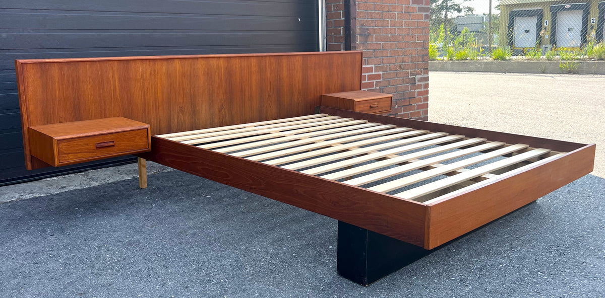 REFINISHED Mid Century Modern Teak Queen Bed w Nightstands & Headboard