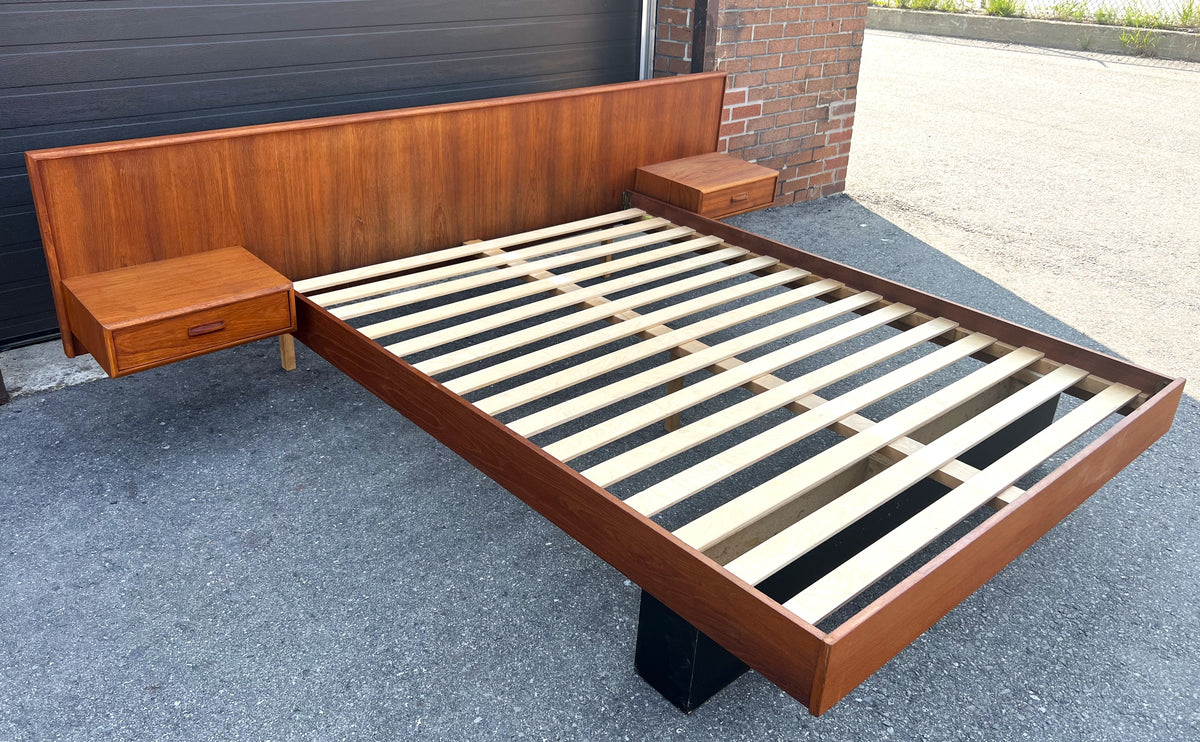REFINISHED Mid Century Modern Teak Queen Bed w Nightstands & Headboard