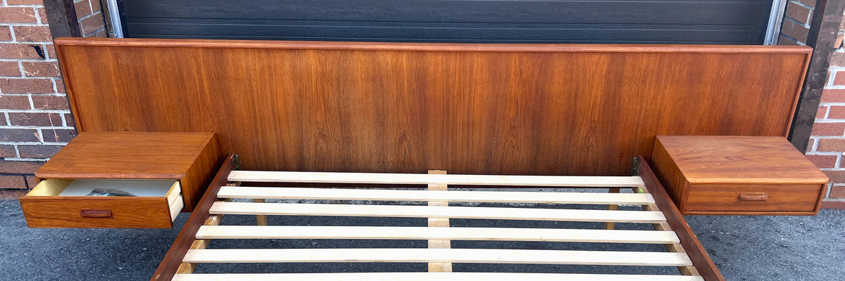 REFINISHED Mid Century Modern Teak Queen Bed w Nightstands & Headboard