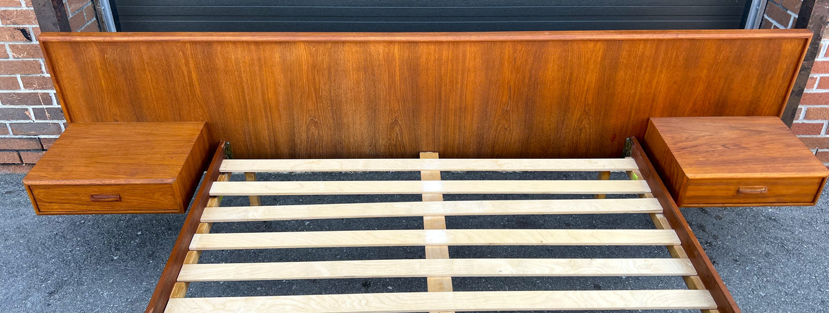 REFINISHED Mid Century Modern Teak Queen Bed w Nightstands & Headboard