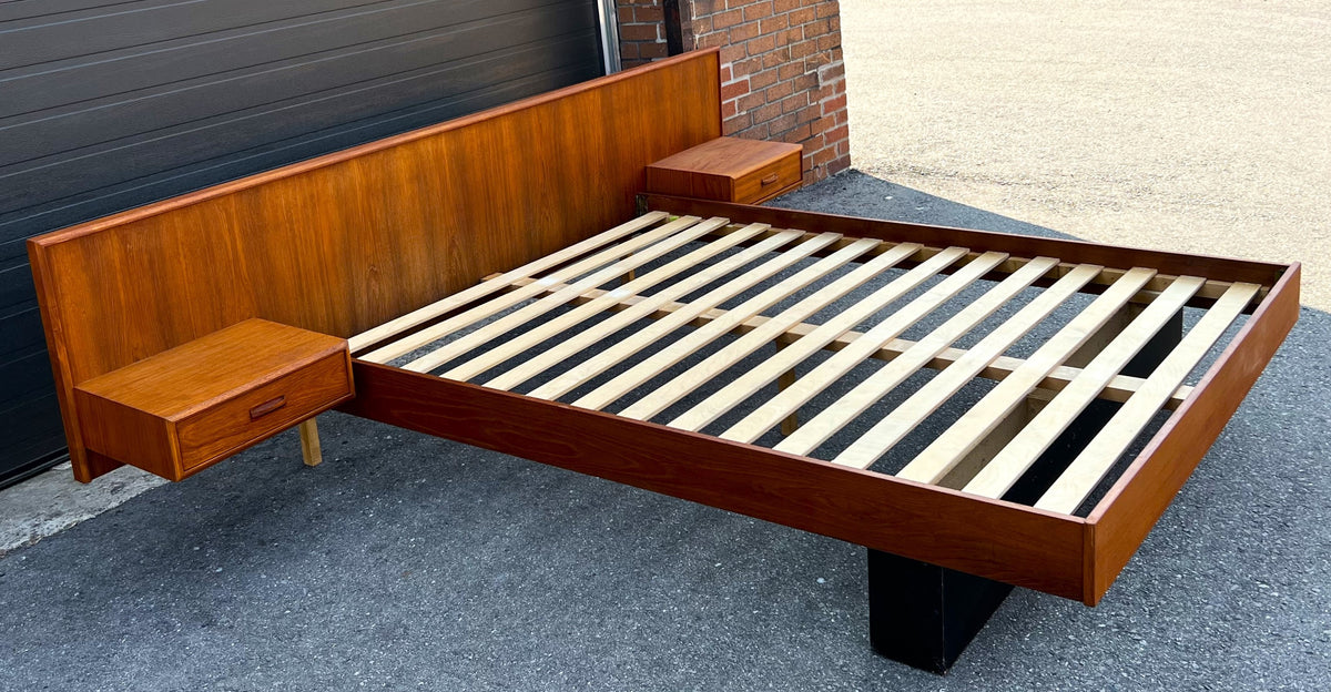 REFINISHED Mid Century Modern Teak Queen Bed w Nightstands & Headboard