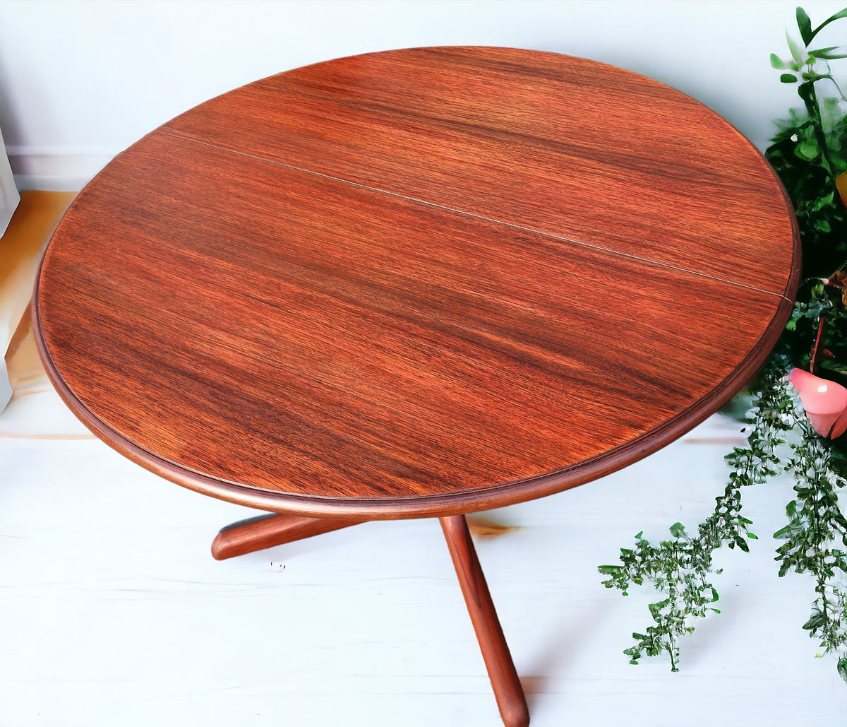 REFINISHED Mid Century Modern Teak Dining Table Round w Self Storing Leaf