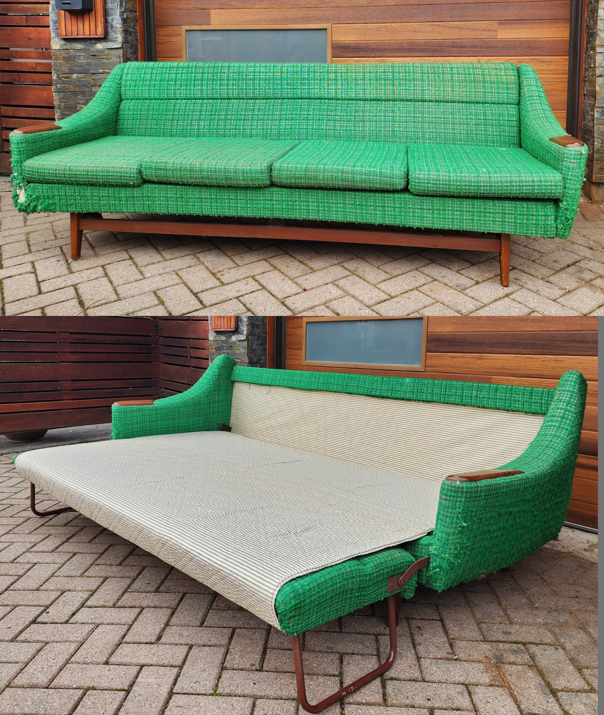 Will be REFINISHED & REUPHOLSTERED Teak Mid Century Modern Sofa-Bed