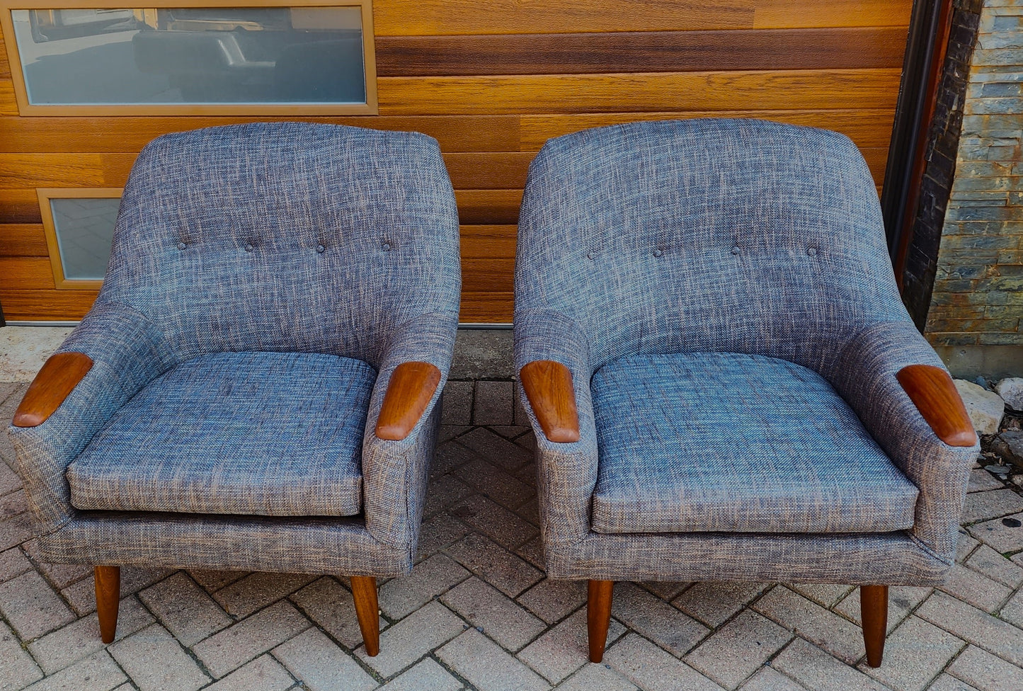 REFINISHED REUPHOLSTERED Danish Mid Century Modern Teak Lounge Chairs, set of 2