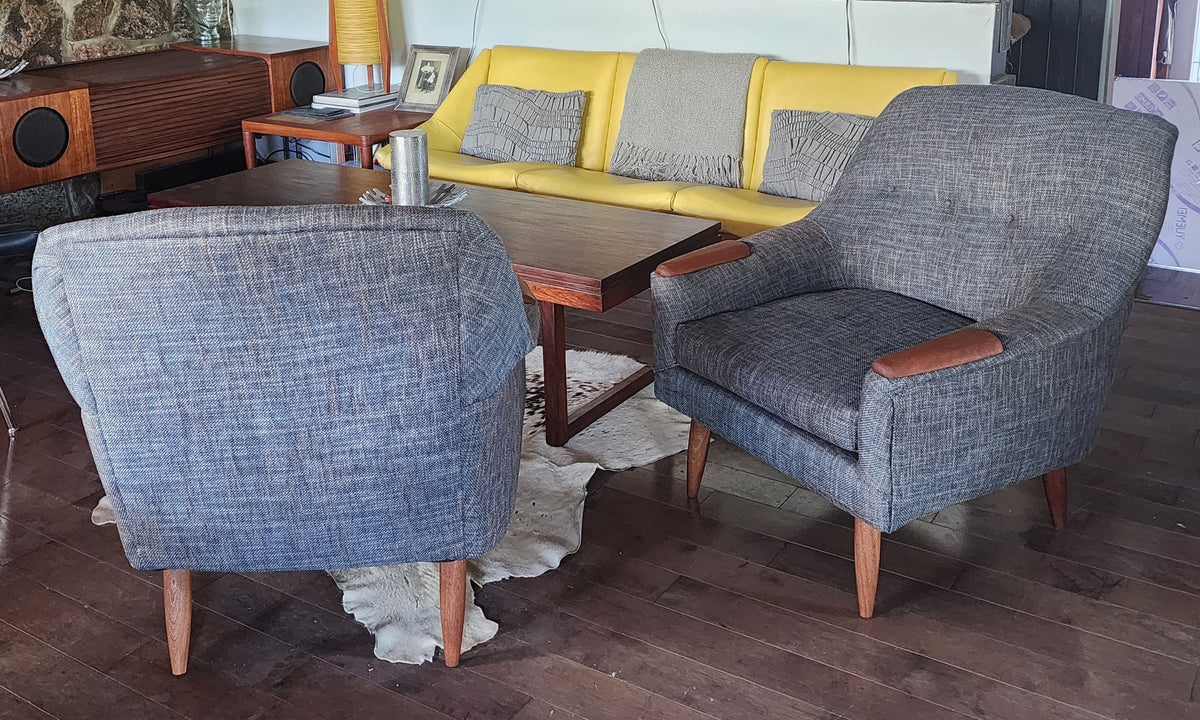 REFINISHED REUPHOLSTERED Danish Mid Century Modern Teak Lounge Chairs, set of 2