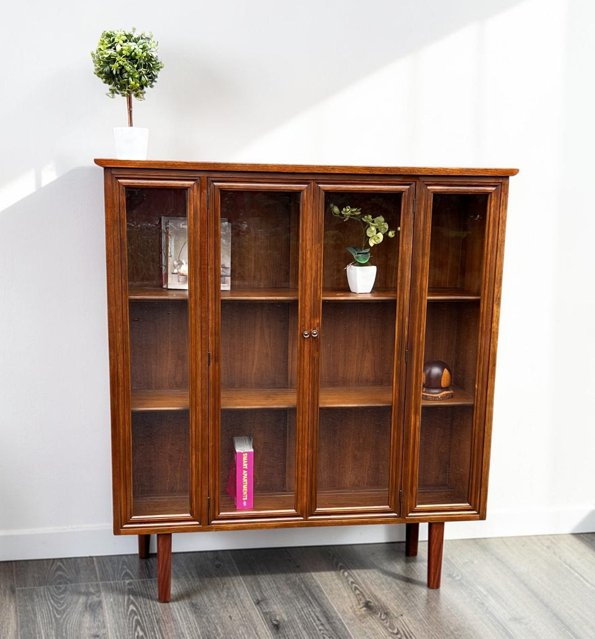 RESTORED Mid Century Modern Walnut Cabinet w Glass Doors