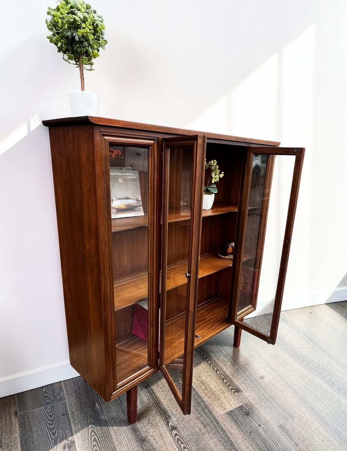 RESTORED Mid Century Modern Walnut Cabinet w Glass Doors