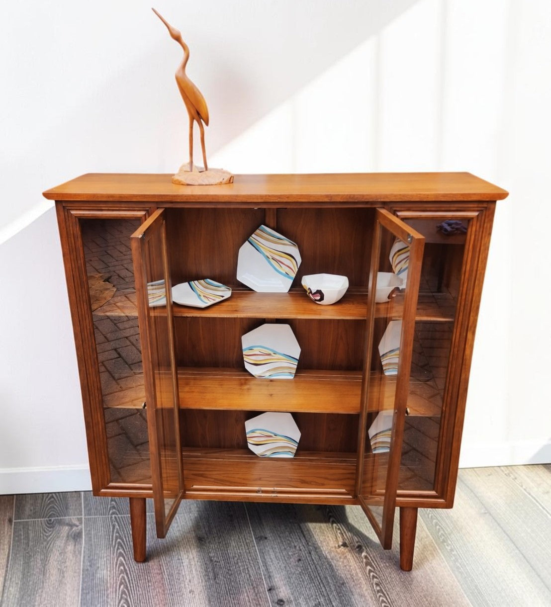 RESTORED Mid Century Modern Walnut Cabinet w Glass Doors