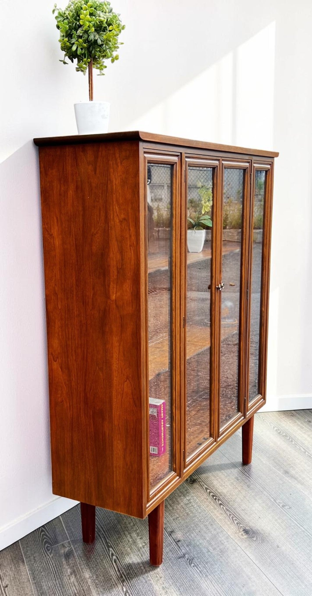 RESTORED Mid Century Modern Walnut Cabinet w Glass Doors
