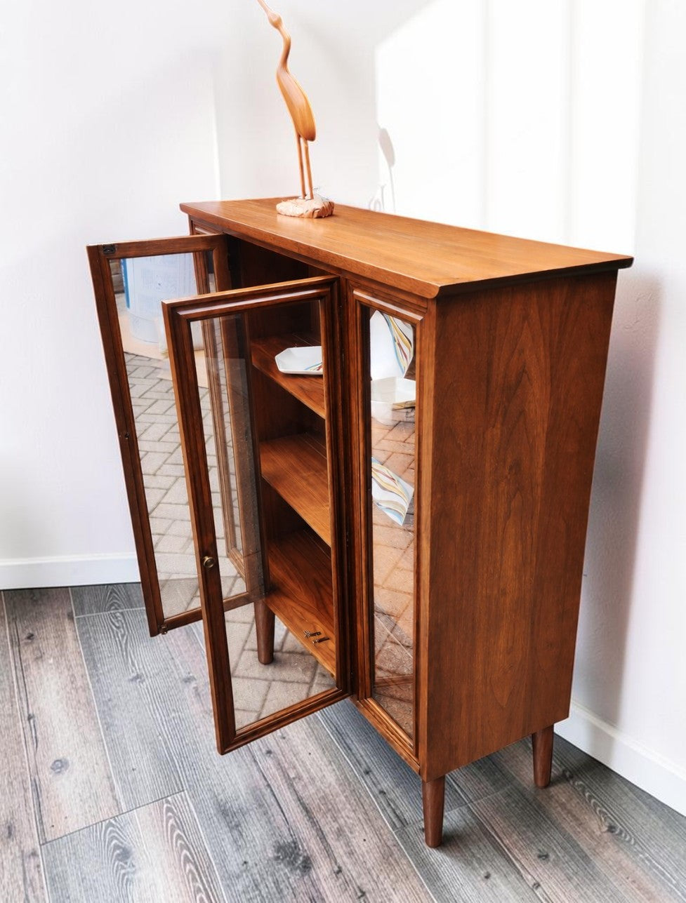 RESTORED Mid Century Modern Walnut Cabinet w Glass Doors