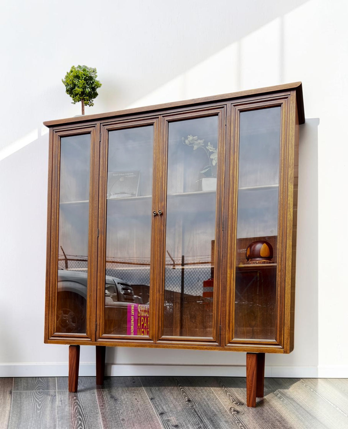RESTORED Mid Century Modern Walnut Cabinet w Glass Doors