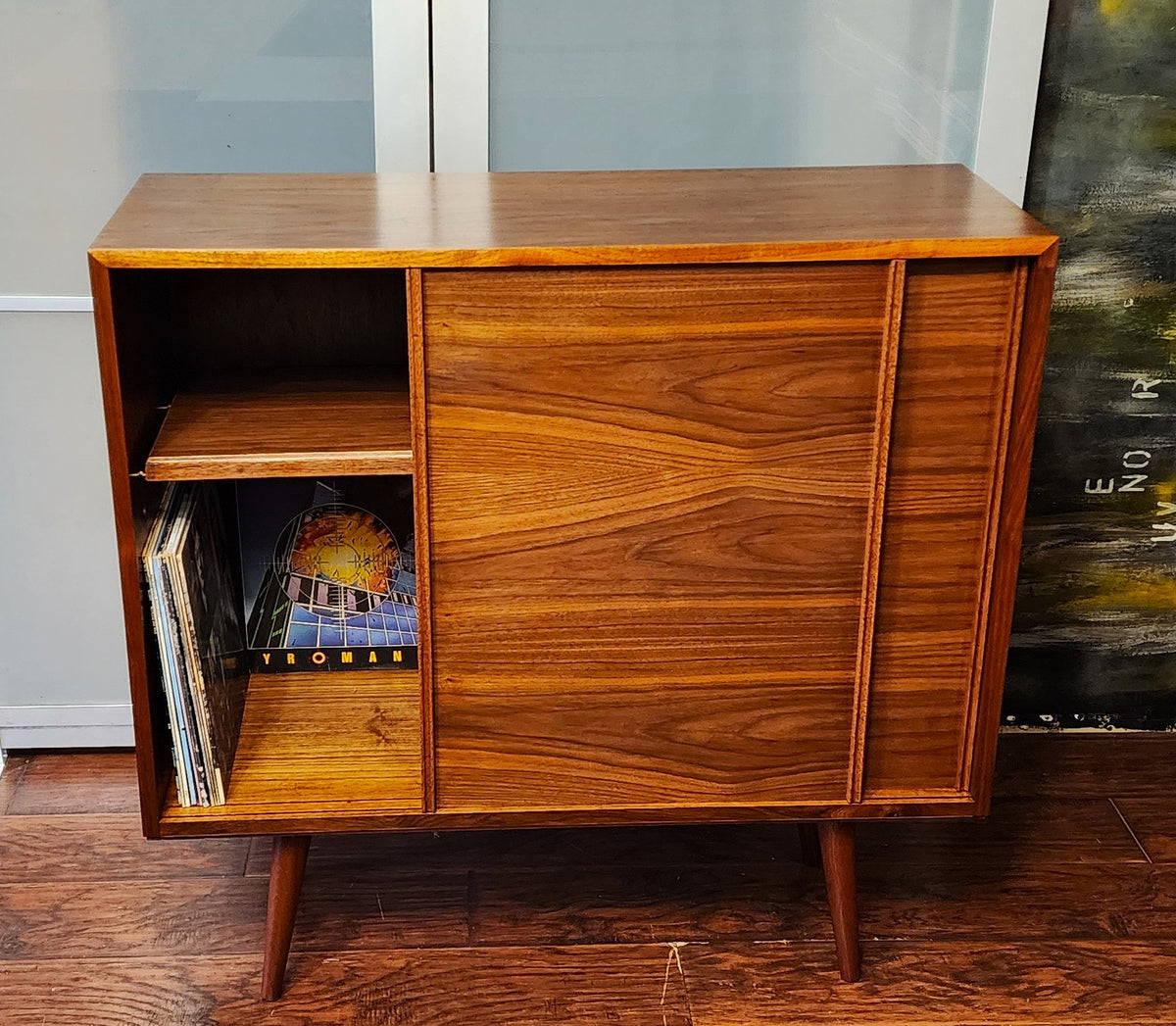 REFINISHED MCM walnut cabinet w sliding doors, narrow, fits records 37.5”