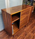 REFINISHED MCM walnut cabinet w sliding doors, narrow, fits records 37.5” 5