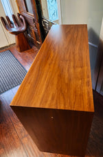 REFINISHED MCM walnut cabinet w sliding doors, narrow, fits records 37.5” 7