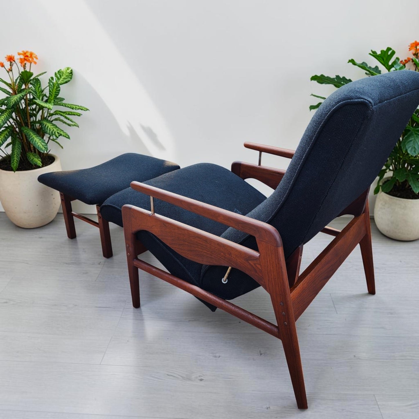 REFINISHED Mid Century Modern Walnut Recliner with Ottoman